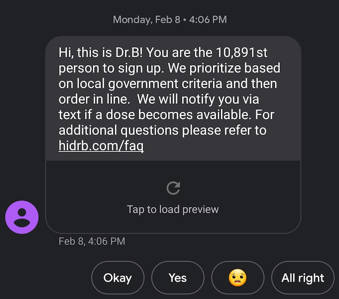 Text message welcoming user to Dr B service