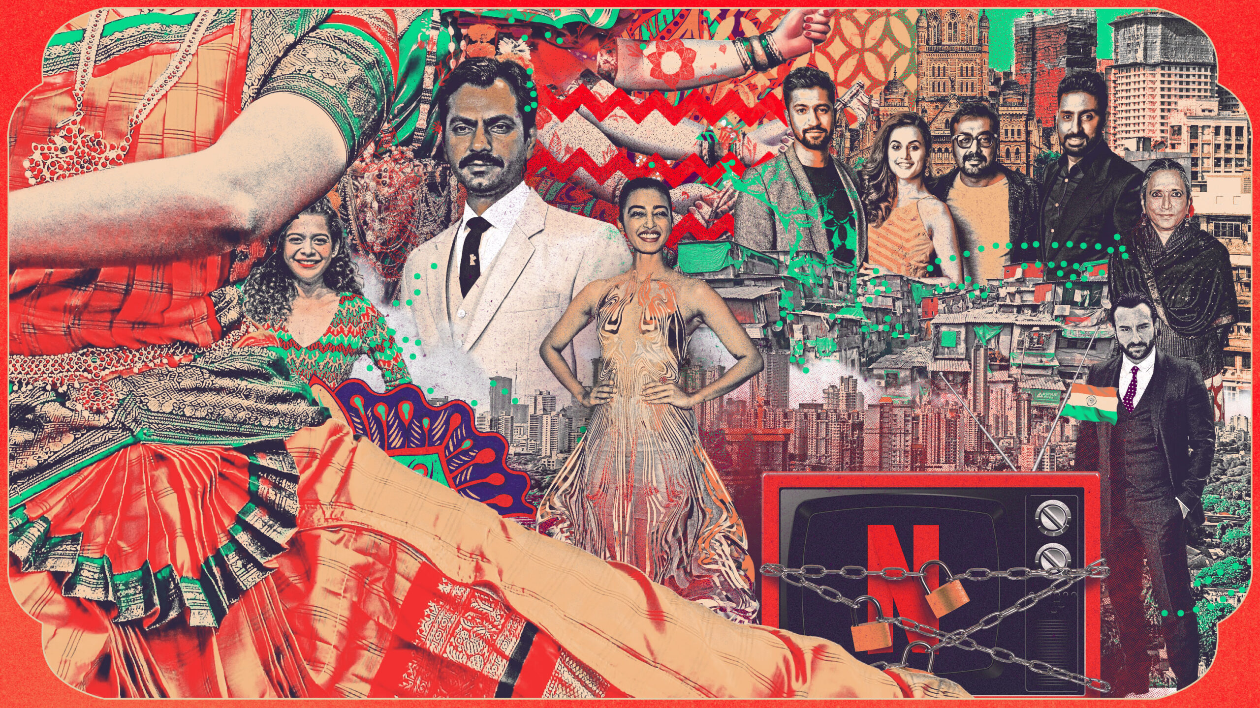 conceptual collage illustration depicting directors and actors from Netflix India television series' and movies