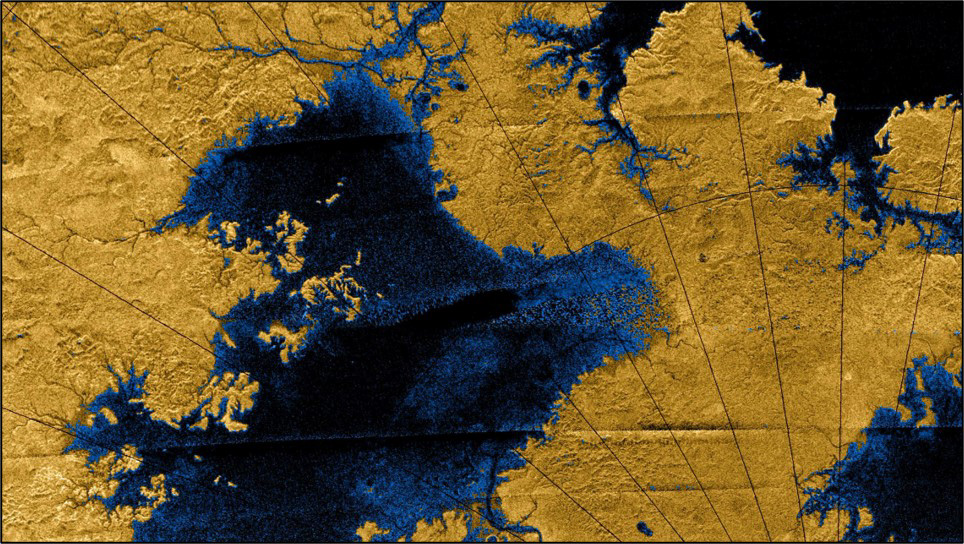 False-color radar image of liquid methane rivers and lakes on Saturn’s moon Titan