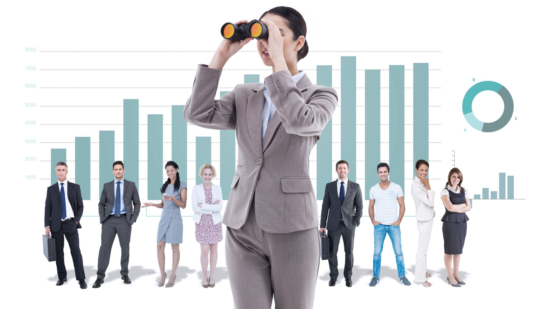 stock image brunette businesswoman looking through binoculars against business interface with graphs and data