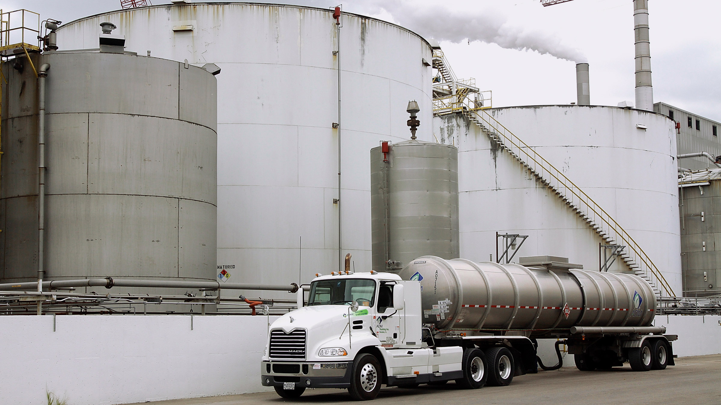 A tanker truck loaded up with ethanol prepares to leave the Archer Daniels Midland Company plant in Decatur, Ill