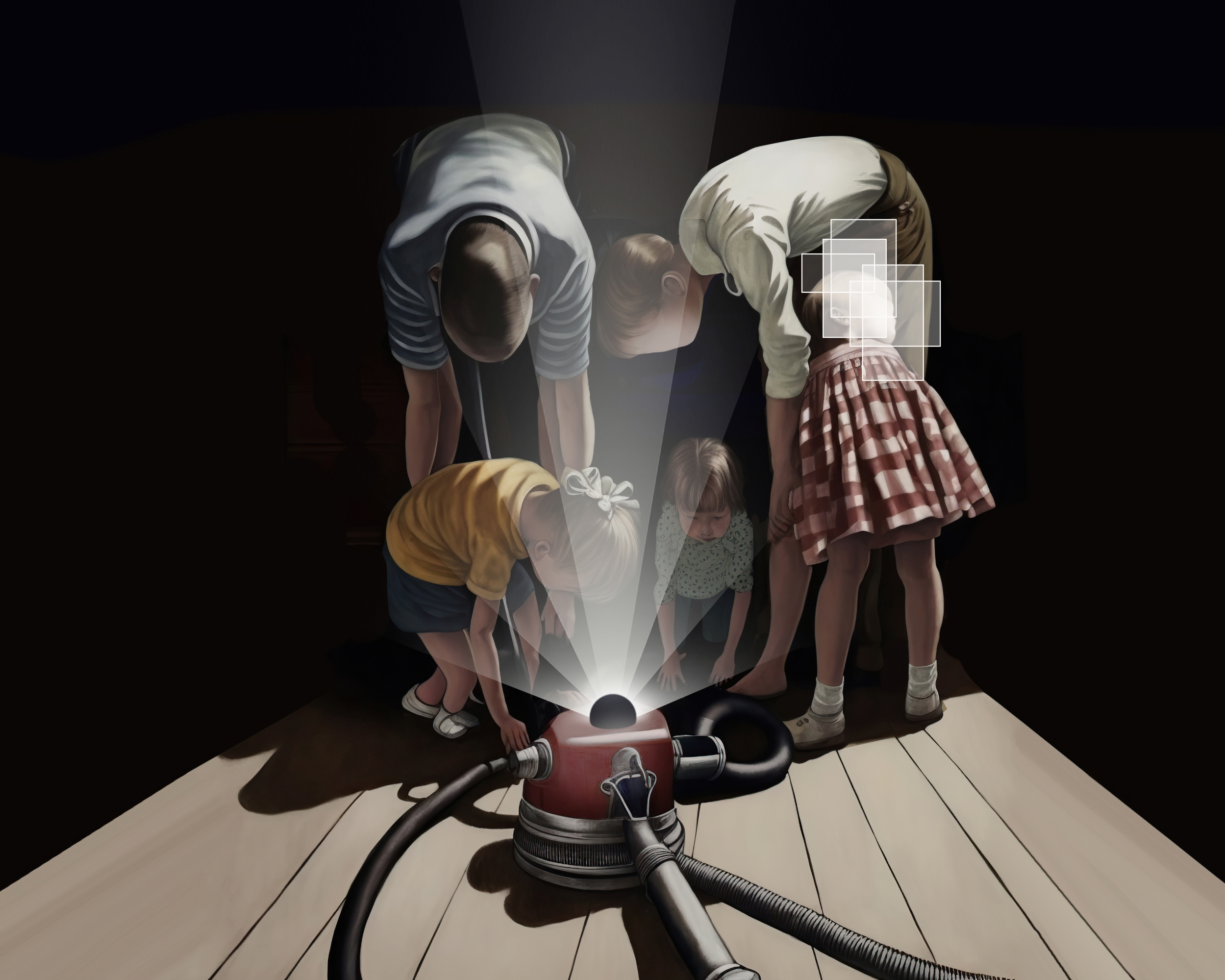 family bent over a vacuum. light emitting from the vaccuum shines on their obscured faces.