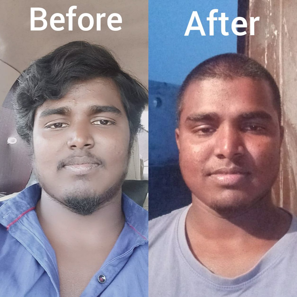 Before and after comparison photos of Srikanth after a change to his haircut and facial hair