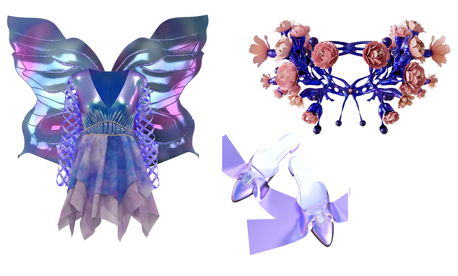 blue fairy inspired digital outfit with wings, matching shoes and necklace