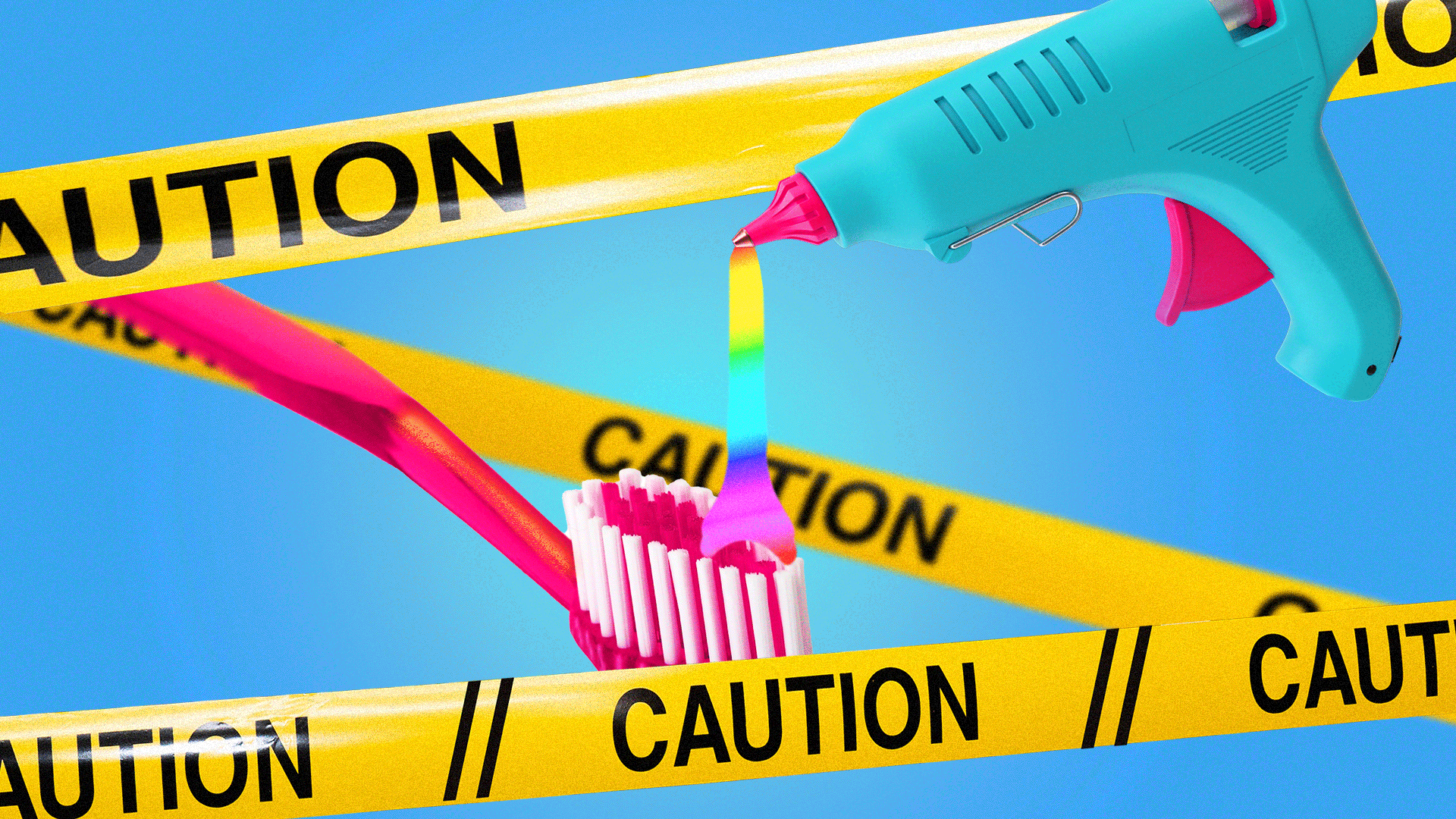 rainbow glue coming out of a hotglue gun onto a toothbrush, surrounded by caution tape