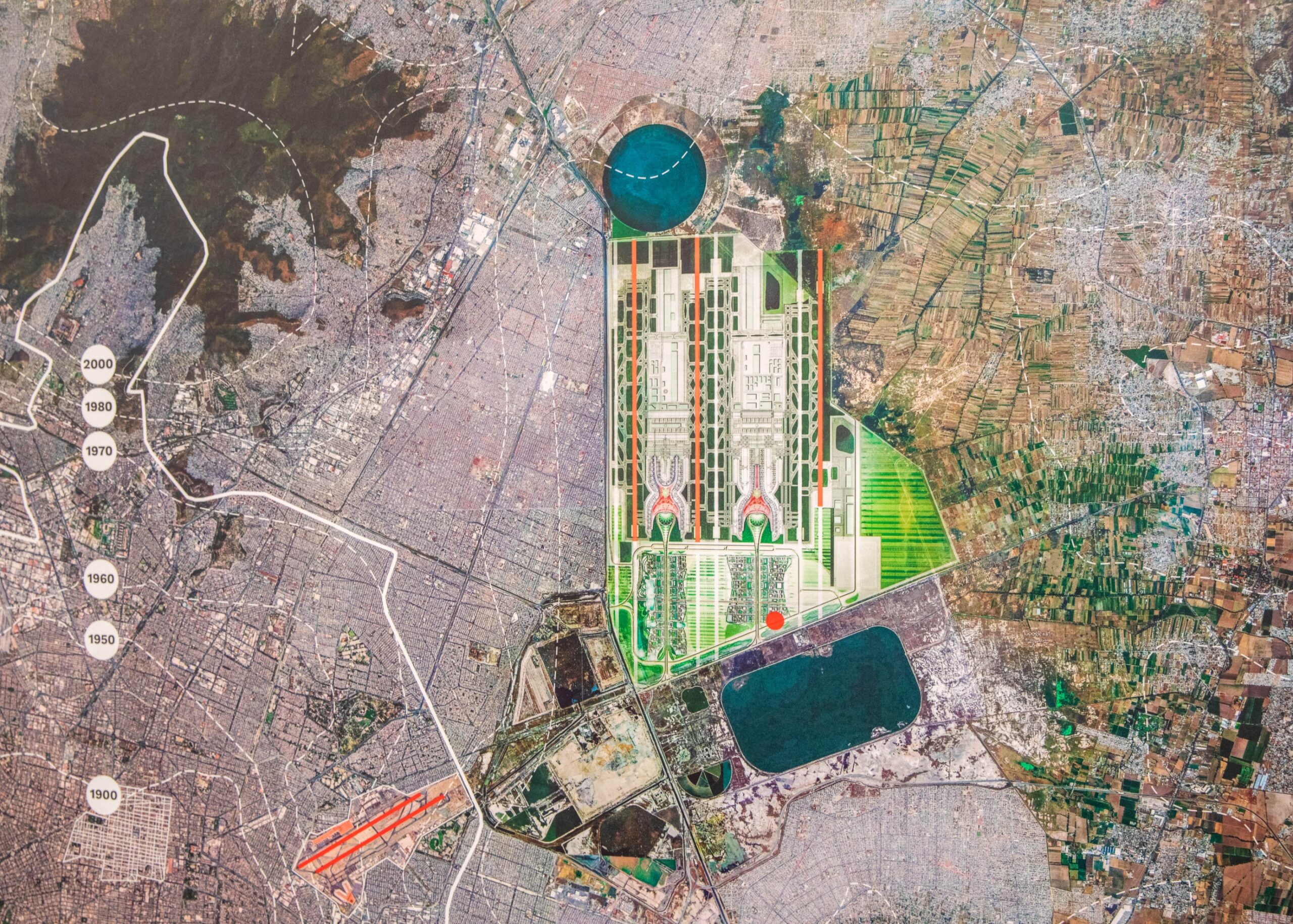  A map illustrating the new International Airport of Mexico City (NAICM) and the existing Mexico City International Airport (MEX) at the NAICM project headquarters