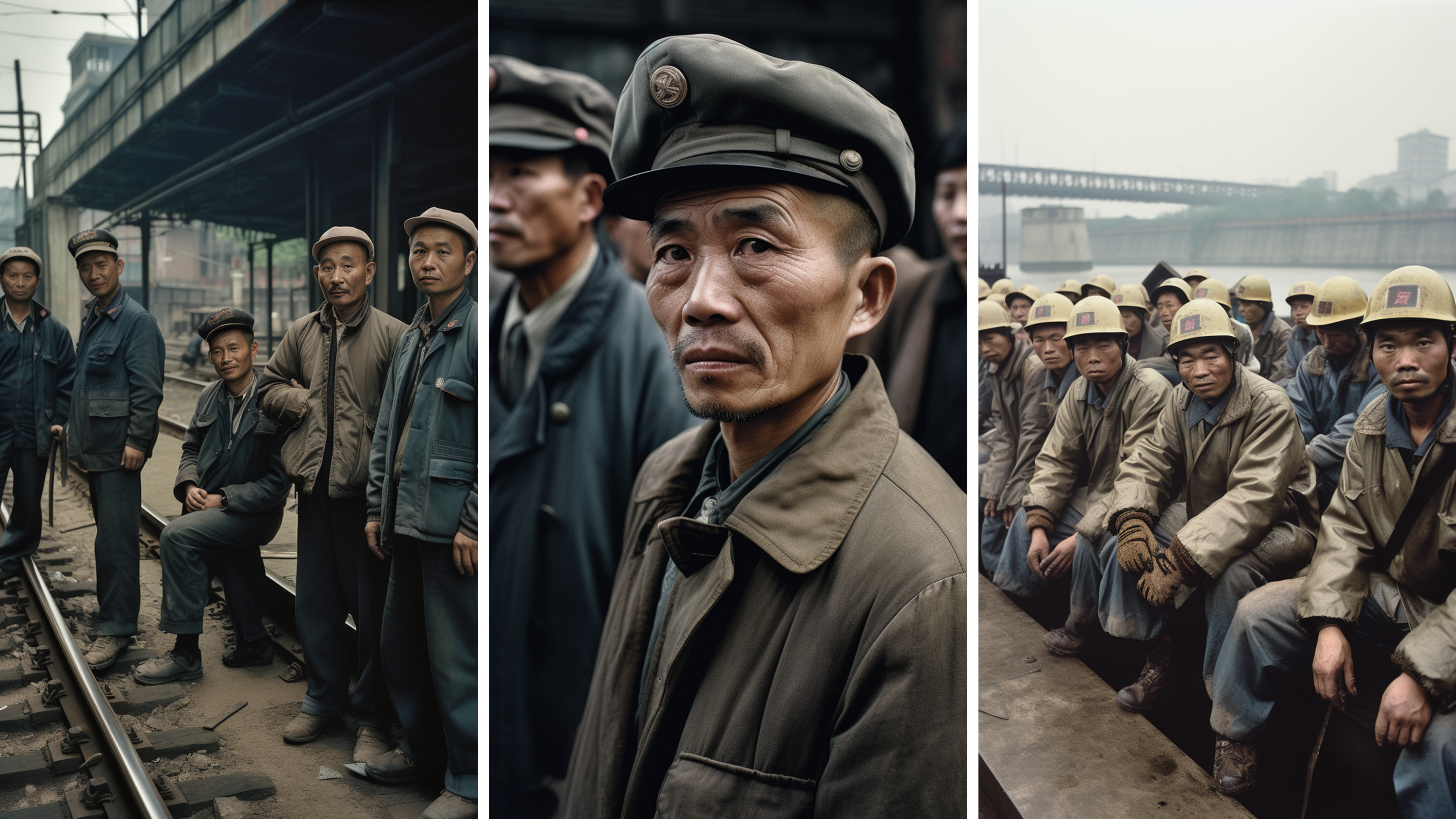 Three AI-generated images representing workers in China in a retro photographic style