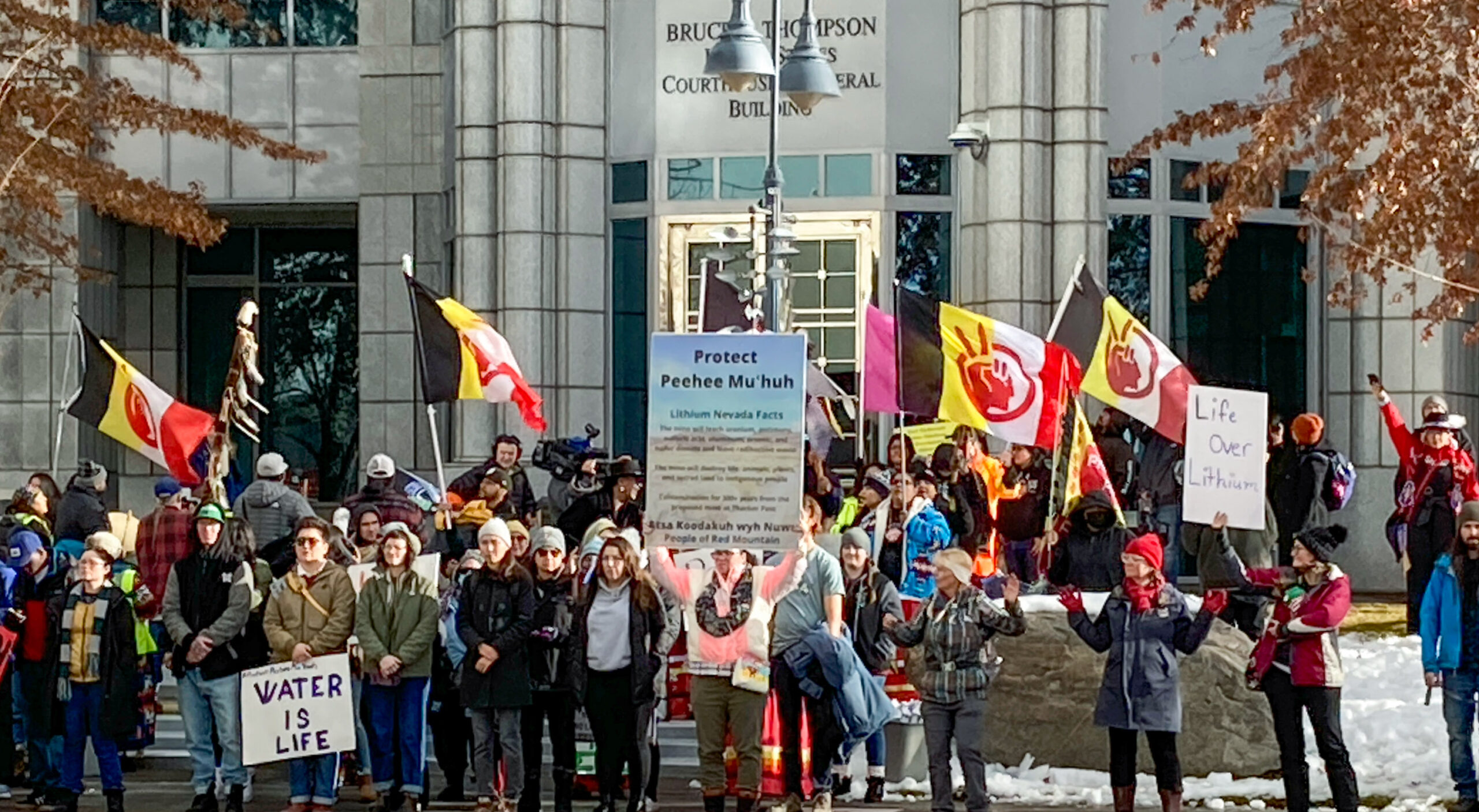 Protestors of a lithium mine in front of the federal courthouse in Reno NV