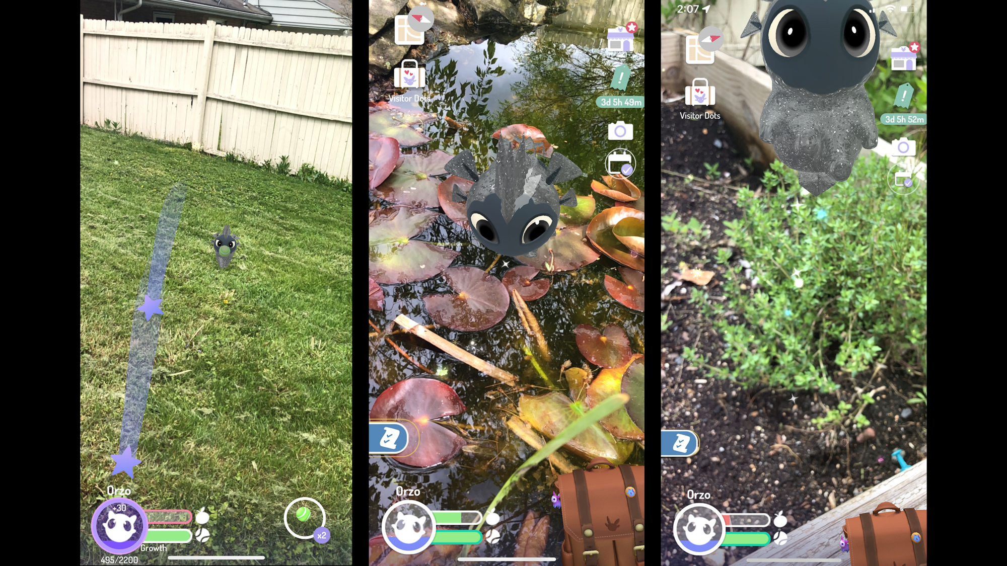 three AR screen views of Peridot with the author's character, Orzo, playing in the yard