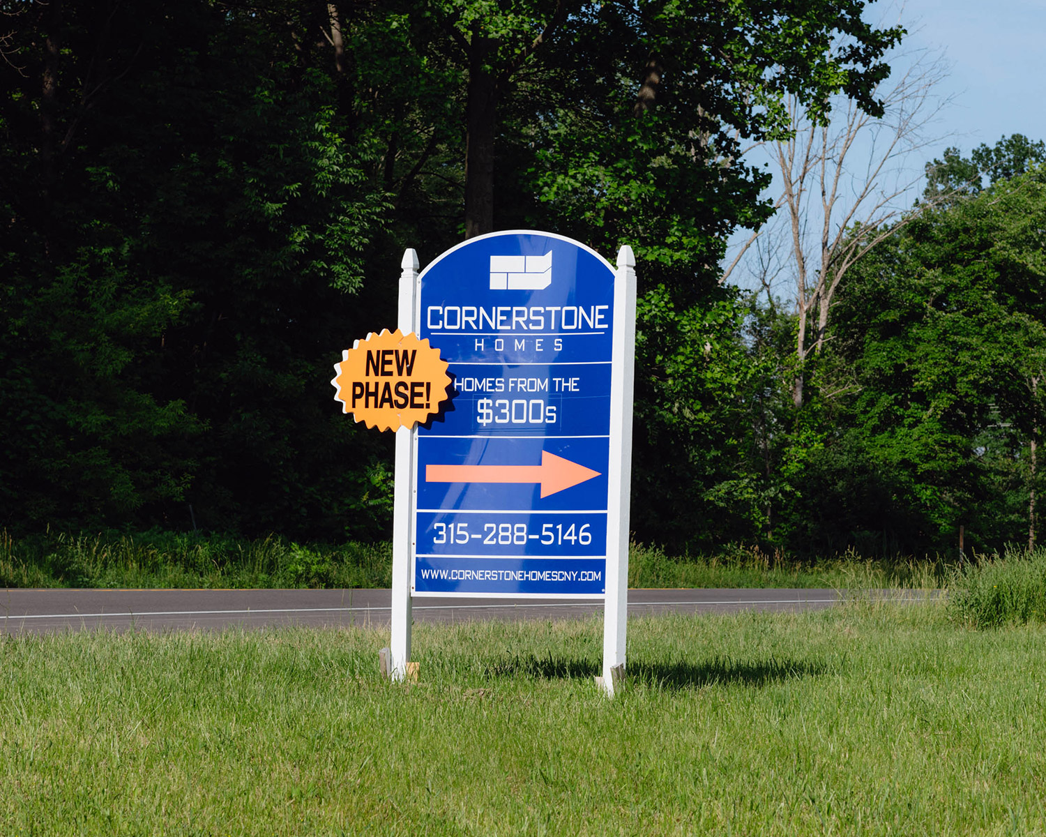 A sign for a suburban housing development in a grassy lot.