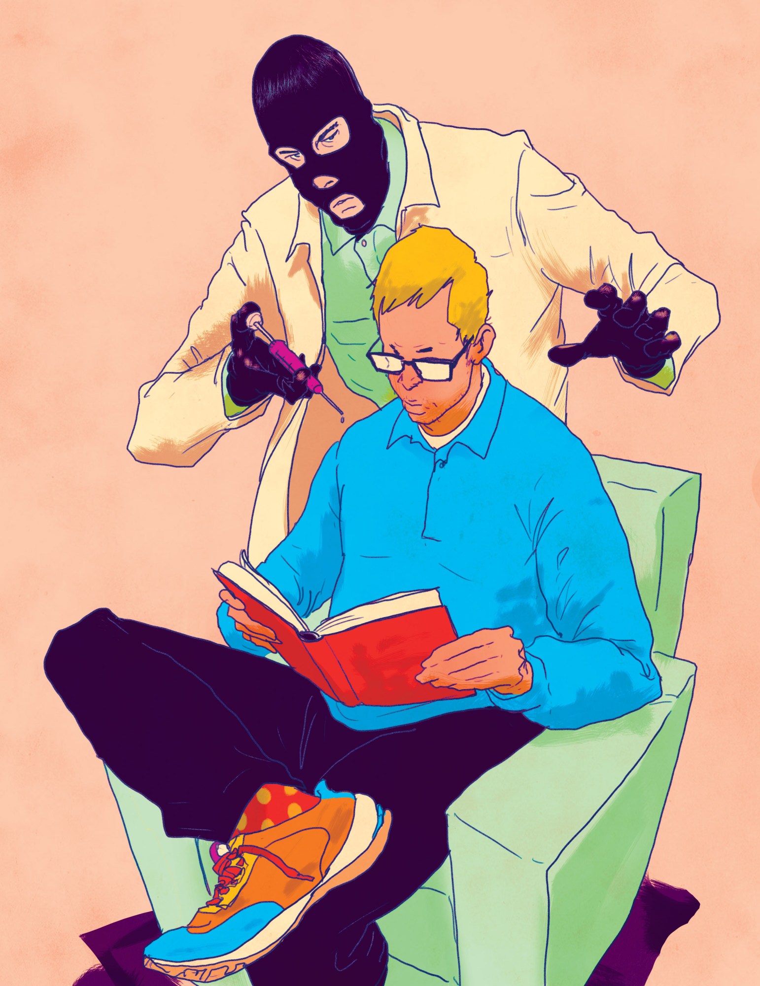 man sitting and reading with man behind him