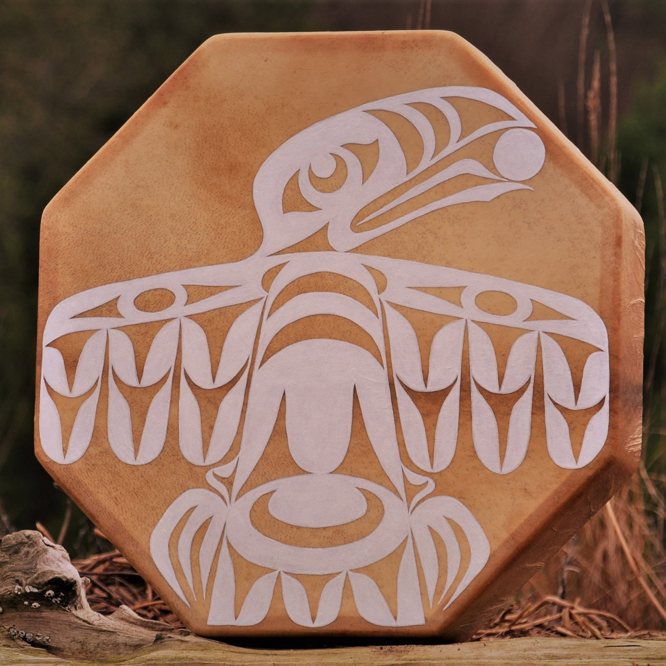 drum with a white raven painted on it