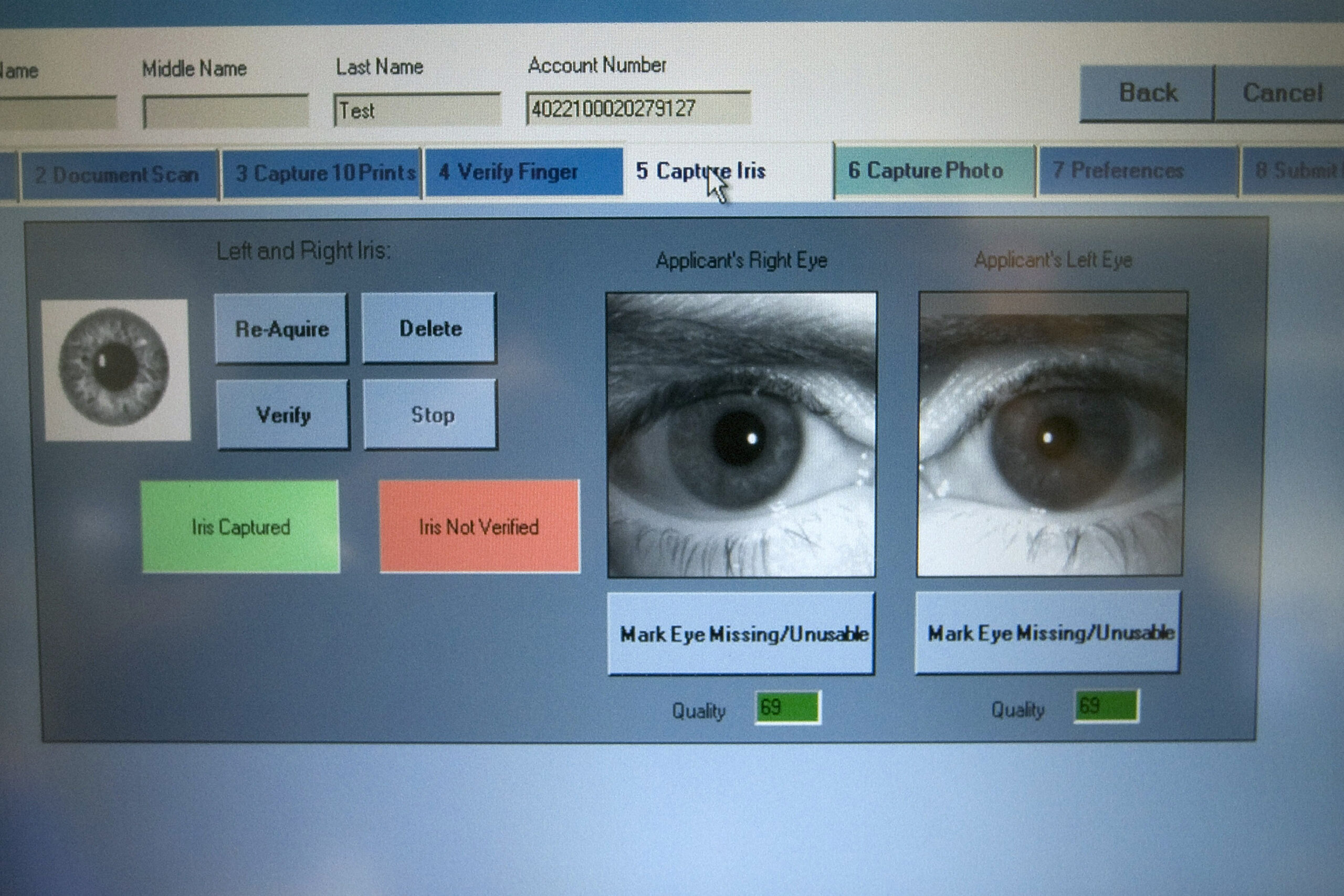 A computer screen showing a biometric iris scan, part of Clear's security program in airports.