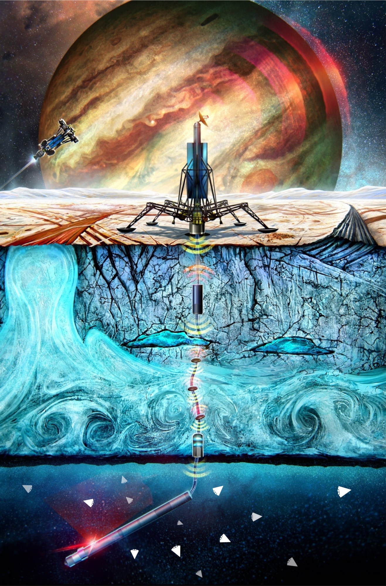 A cross-section view of an ice-melting probe called PRIME on the surface of the moon, with small robots being deployed in the subsurface ocean, against the backdrop of Jupiter.