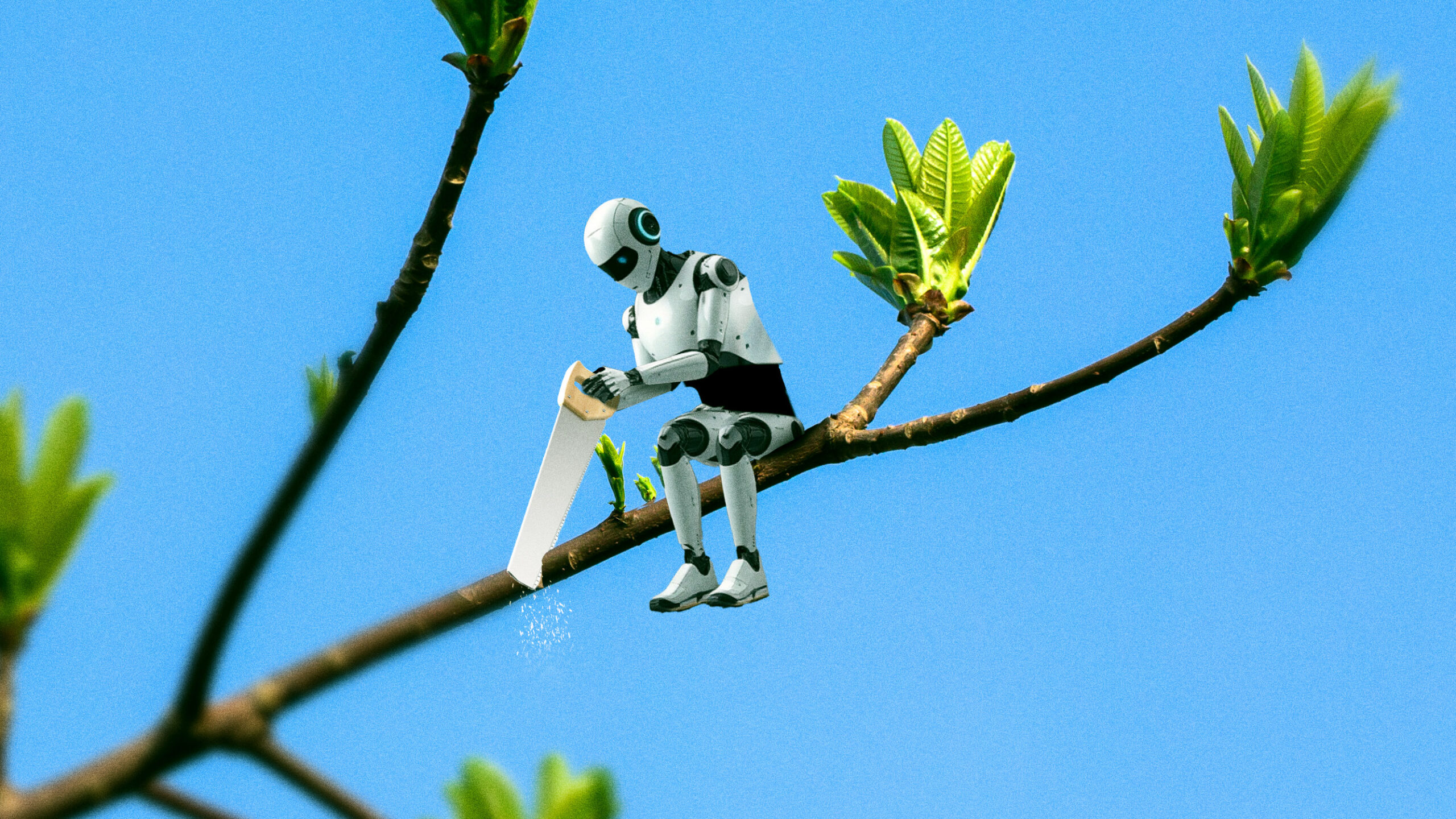 a humanoid robot sawing the branch that it is sitting on