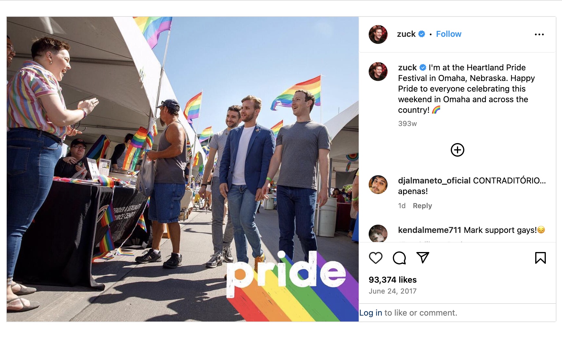 A photo from Mark Zuckerberg's Instagram page showing the Meta CEO at the Heartland Pride Festival in Omaha Nebraska during his 2017 nationwide listening tour. 