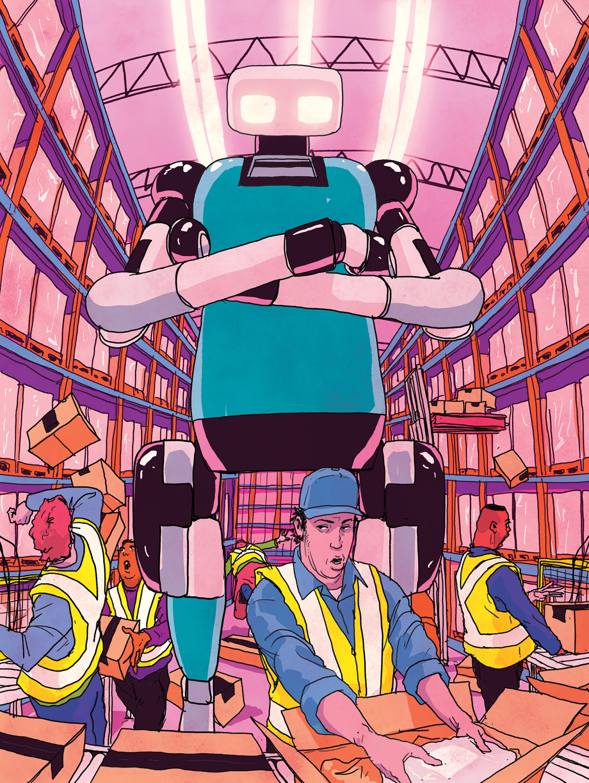 A humanoid robot with folded arms looms over human workers at an Amazon Warehouse