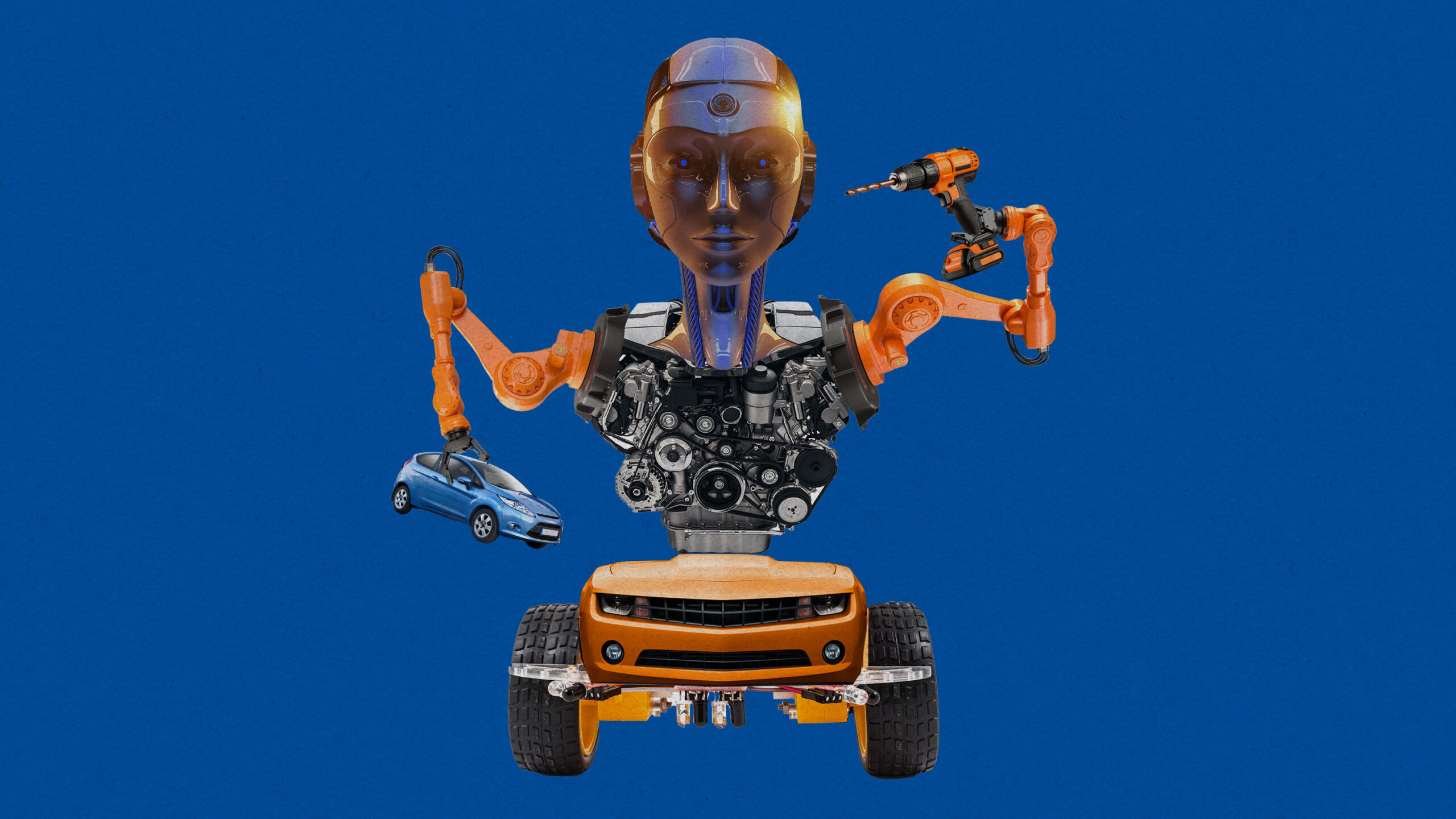 robot made with humanoid head, car engine, chassis, wheels and industrial robot arms holds an electric drill and smaller car.