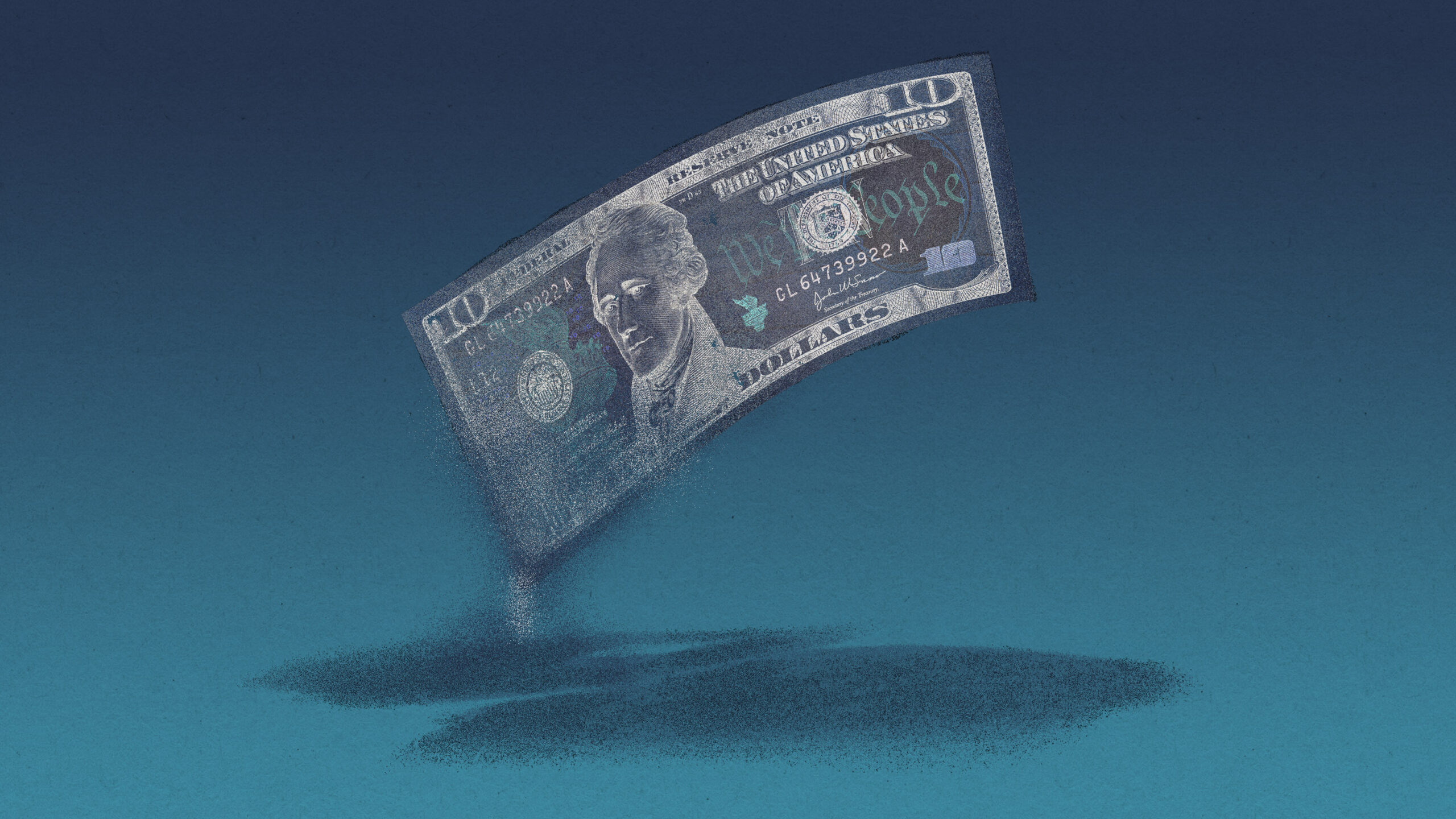 a US 10 dollar bill disintegrating into a pile of dust