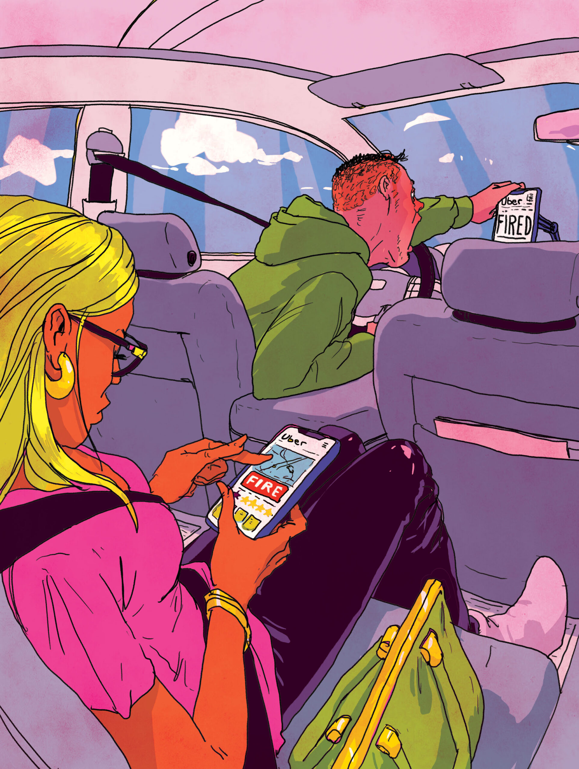 a blonde passerger fires her Uber driver on her phone app as he receives the message in real time from the driver's seat