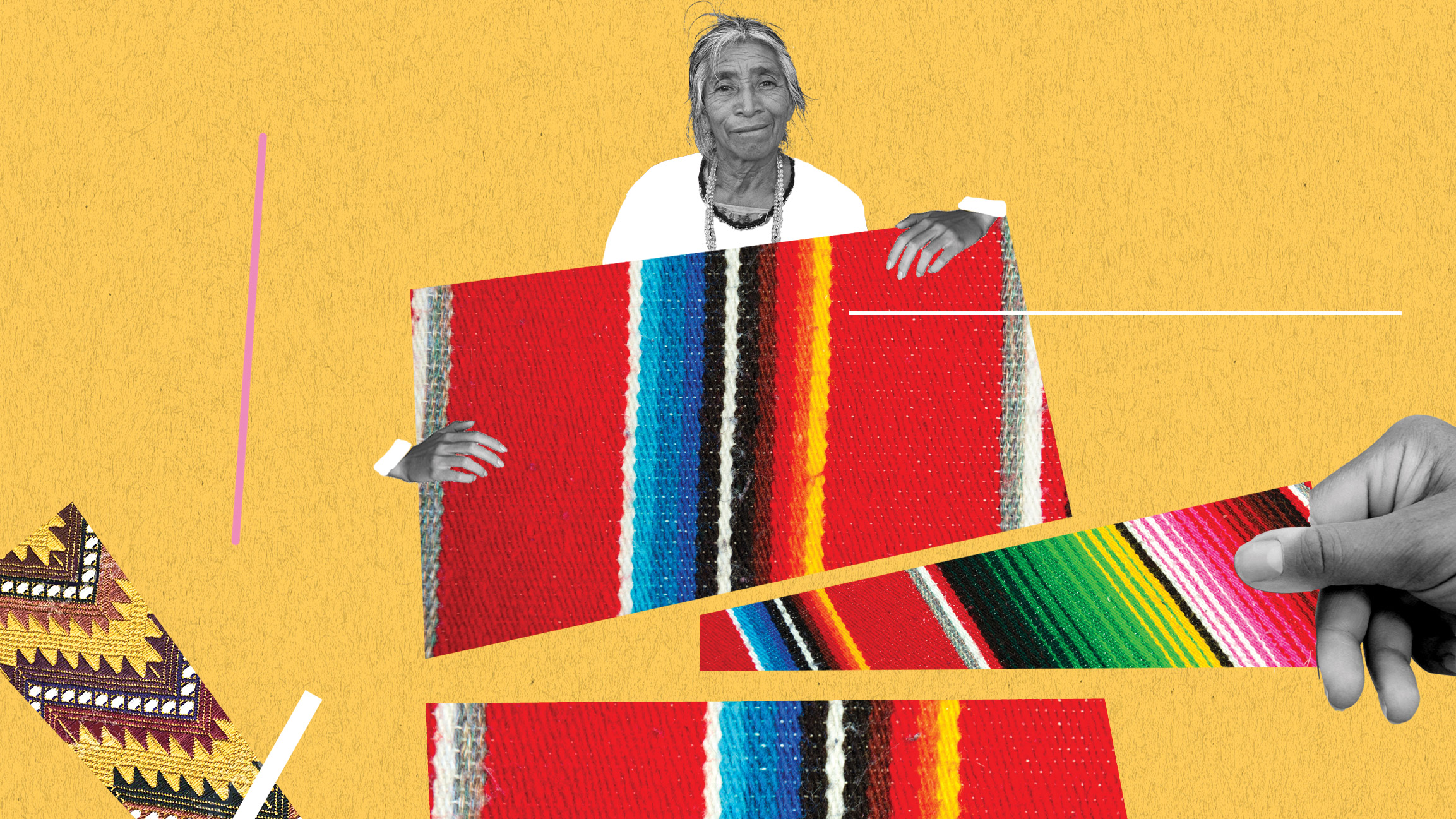 woman holding a native blanket while hands cut pieces from it